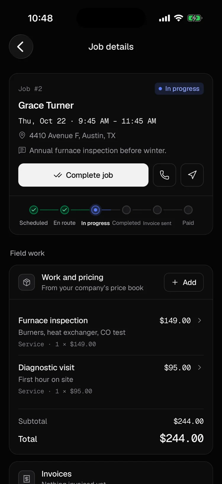 A job on the iPhone: the customer, the time on site, the priced work and the next step.
