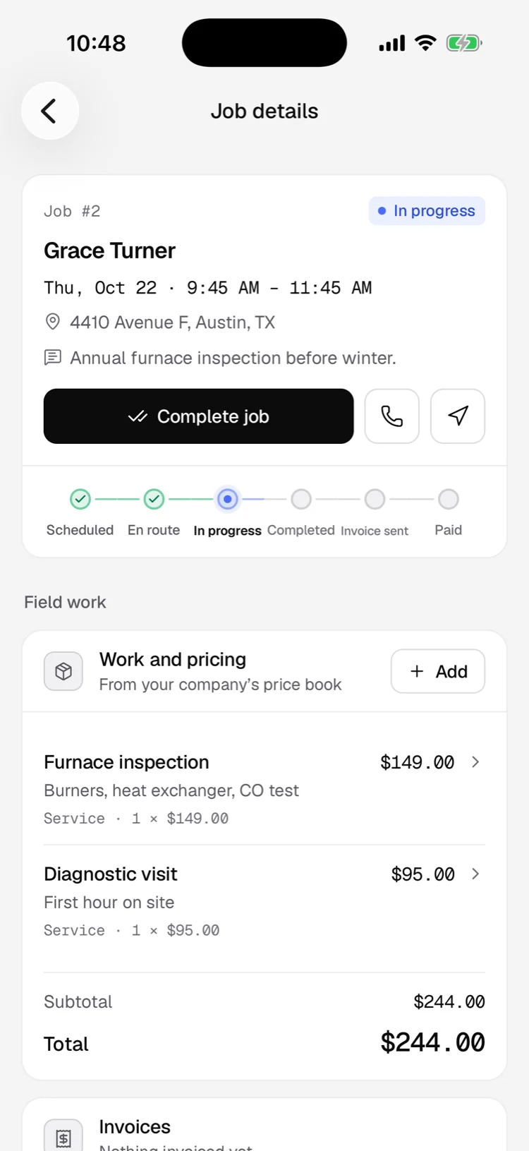 A job on the iPhone: the customer, the time on site, the priced work and the next step.